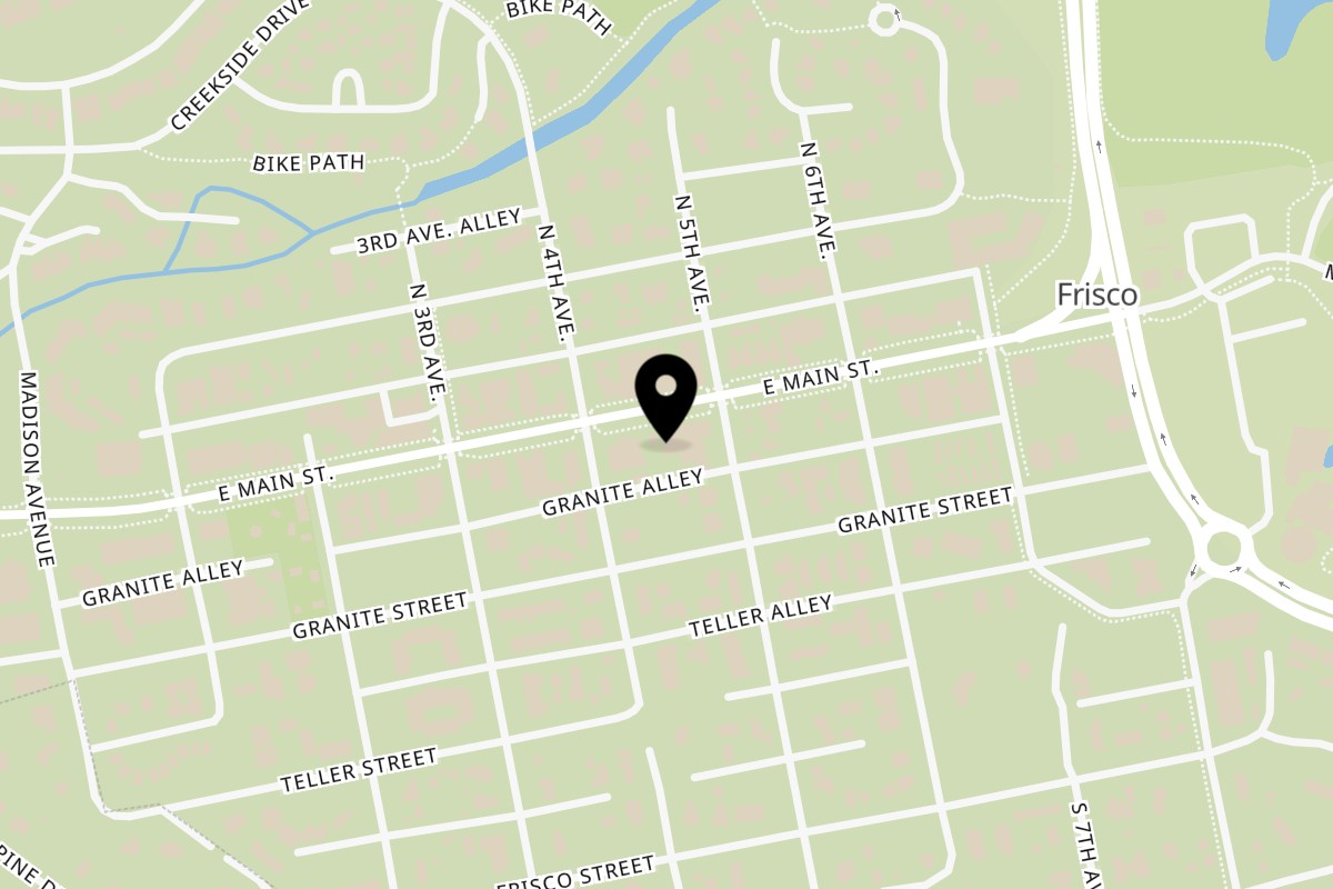 Map showing the location of Butterhorn Bakery & Cafe on 408 E Main St in Frisco